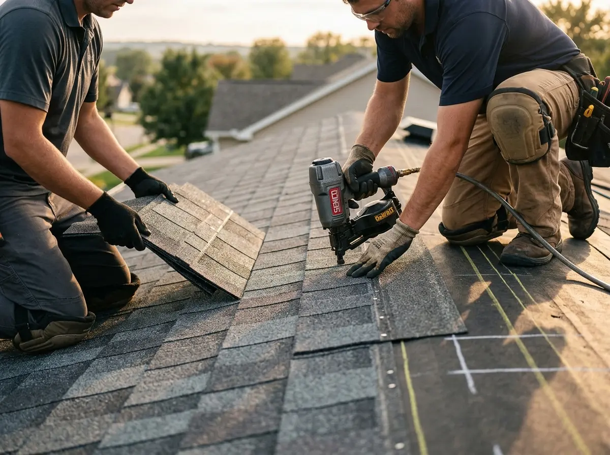 Professional roofer working on a residential roof in Wilbraham